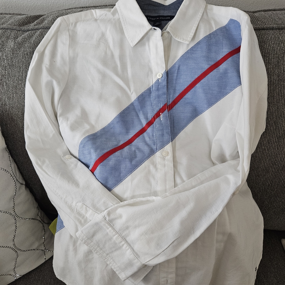 Tommy Hilfiger White Button Down Shirt with Blue and Red Stripe - Picture 4 of 4